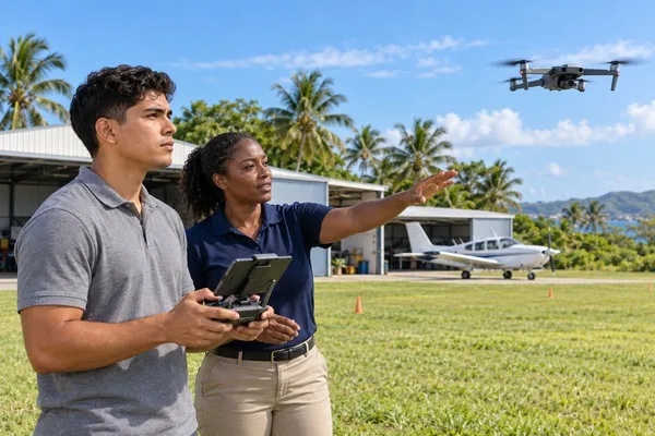 Student practising drone flight with an instructor near an aviation hangar and a parked training airplane.